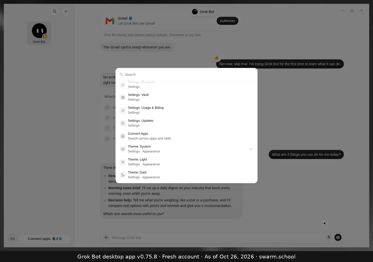 Ctrl+K menu scrolled down: Settings pages, Connect Apps, and Theme: System, Light and Dark