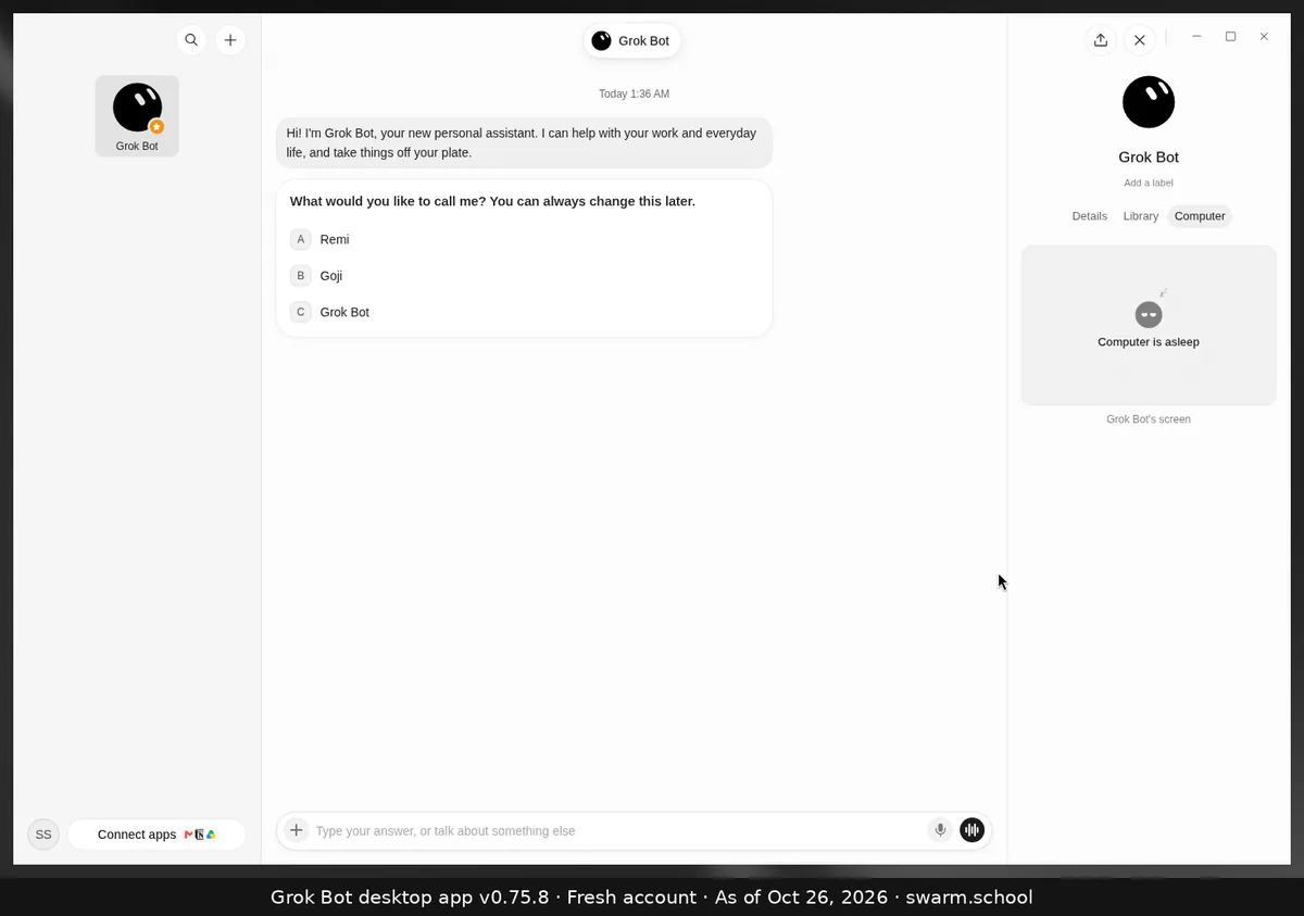 Grok Bot info panel, Computer tab: "Computer is asleep" above "Grok Bot's screen"