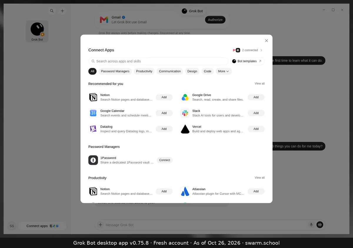 Grok Bot Connect Apps window: a search box for apps and skills, category chips (Password Managers, Productivity, Communication, Design, Code, More), and a Recommended for you list with Notion, Google Drive, Google Calendar, Slack, Datadog and Vercel, each with an Add button