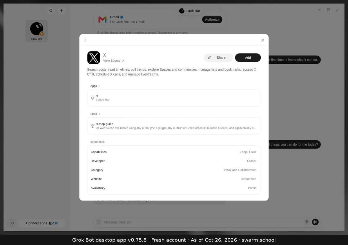 Grok Bot app detail page for X: description, one connector under Apps, one skill under Skills, and an Information table listing developer, category, website and availability, with Share and Add buttons