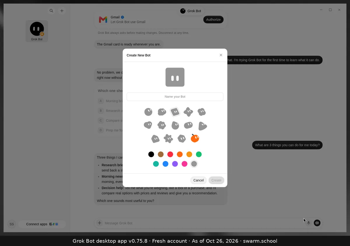 Grok Bot Create New Bot dialog: a grey avatar preview, a "Name your Bot" field, a grid of avatar shapes, a row of colour swatches (black, brown, red, orange, amber, green, teal, blue, purple, pink, grey), and Cancel and Create buttons