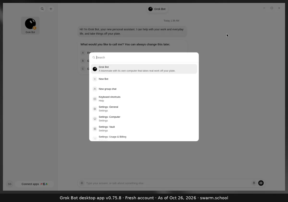 Ctrl+K menu: a search box, then Grok Bot, New Bot, New group chat, Keyboard shortcuts and Settings pages