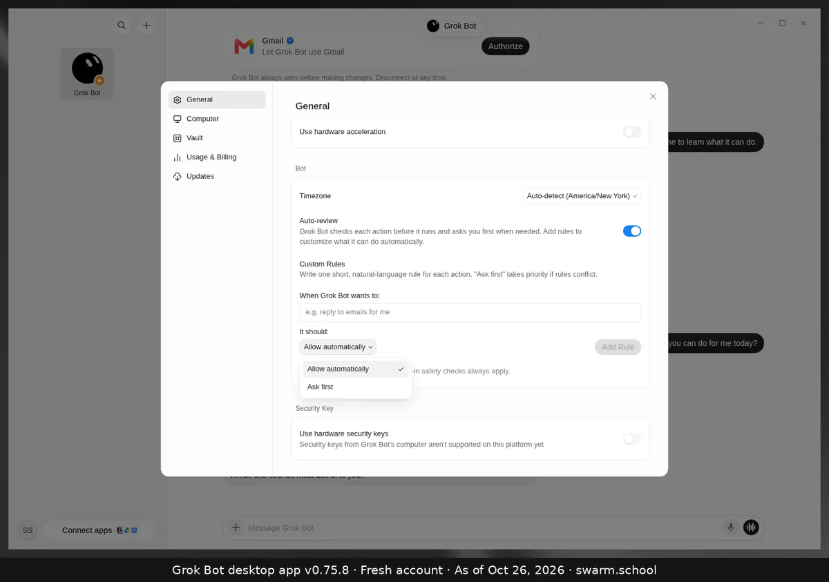 Grok Bot Custom Rules form: a "When Grok Bot wants to:" text box with the example "e.g. reply to emails for me", and the "It should:" dropdown open with Allow automatically and Ask first, next to an Add Rule button