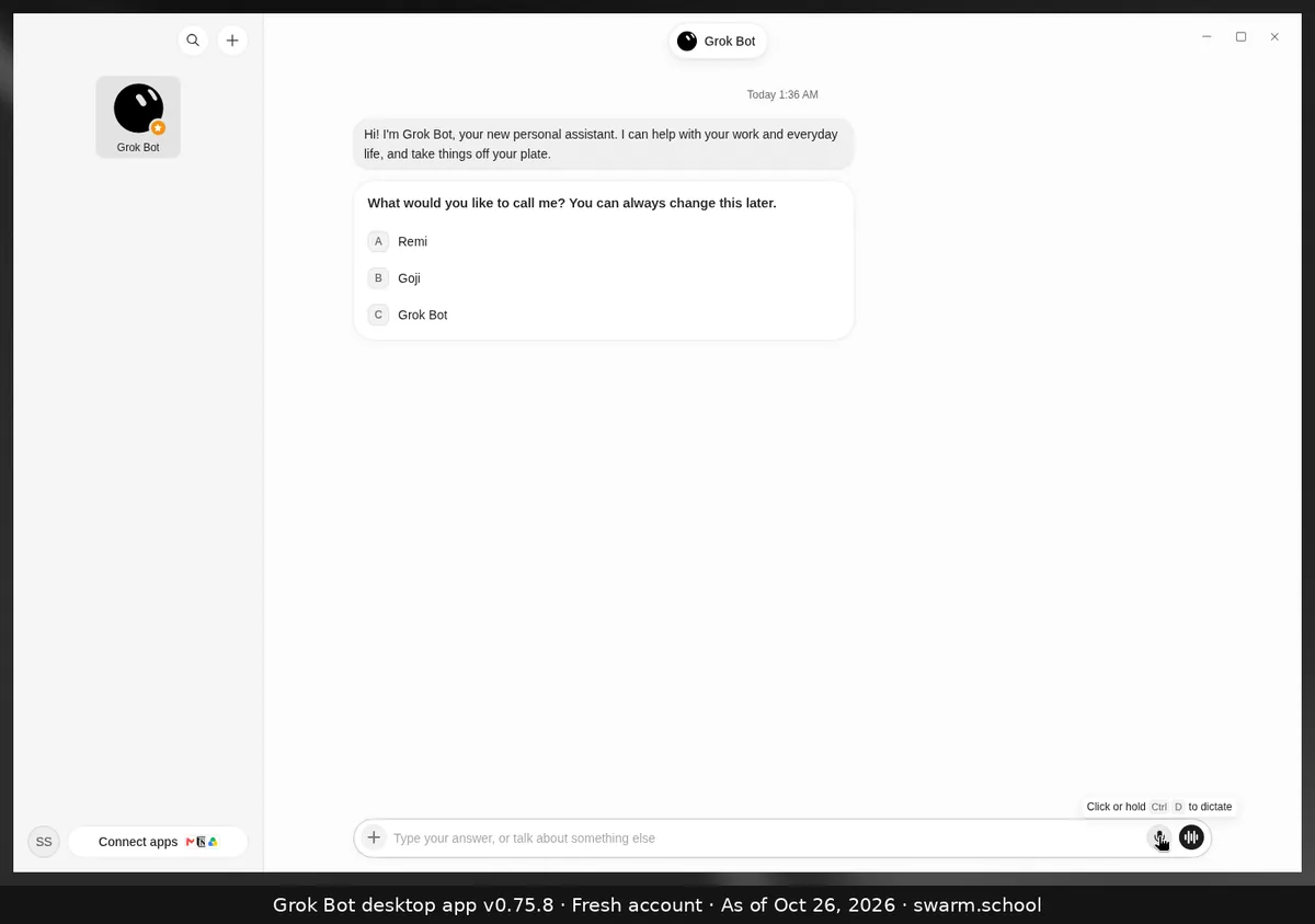 Grok Bot message box with the tooltip "Click or hold Ctrl D to dictate" over the microphone button, next to the voice chat waveform button