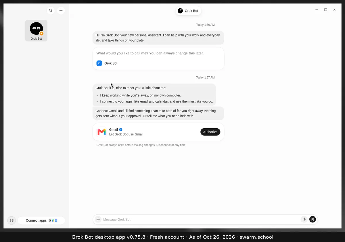 First chat: after the name is chosen, the Bot explains it keeps working while you're away and connects to your apps, then shows a Gmail card with an Authorize button