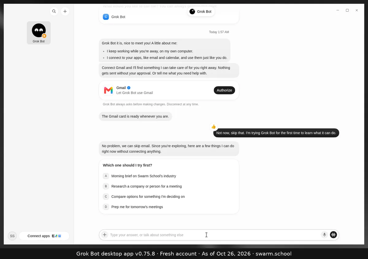 After "Not now, skip that", the Bot asks "Which one should I try first?" with four options: morning brief, research a company or person, compare options, prep for tomorrow's meetings