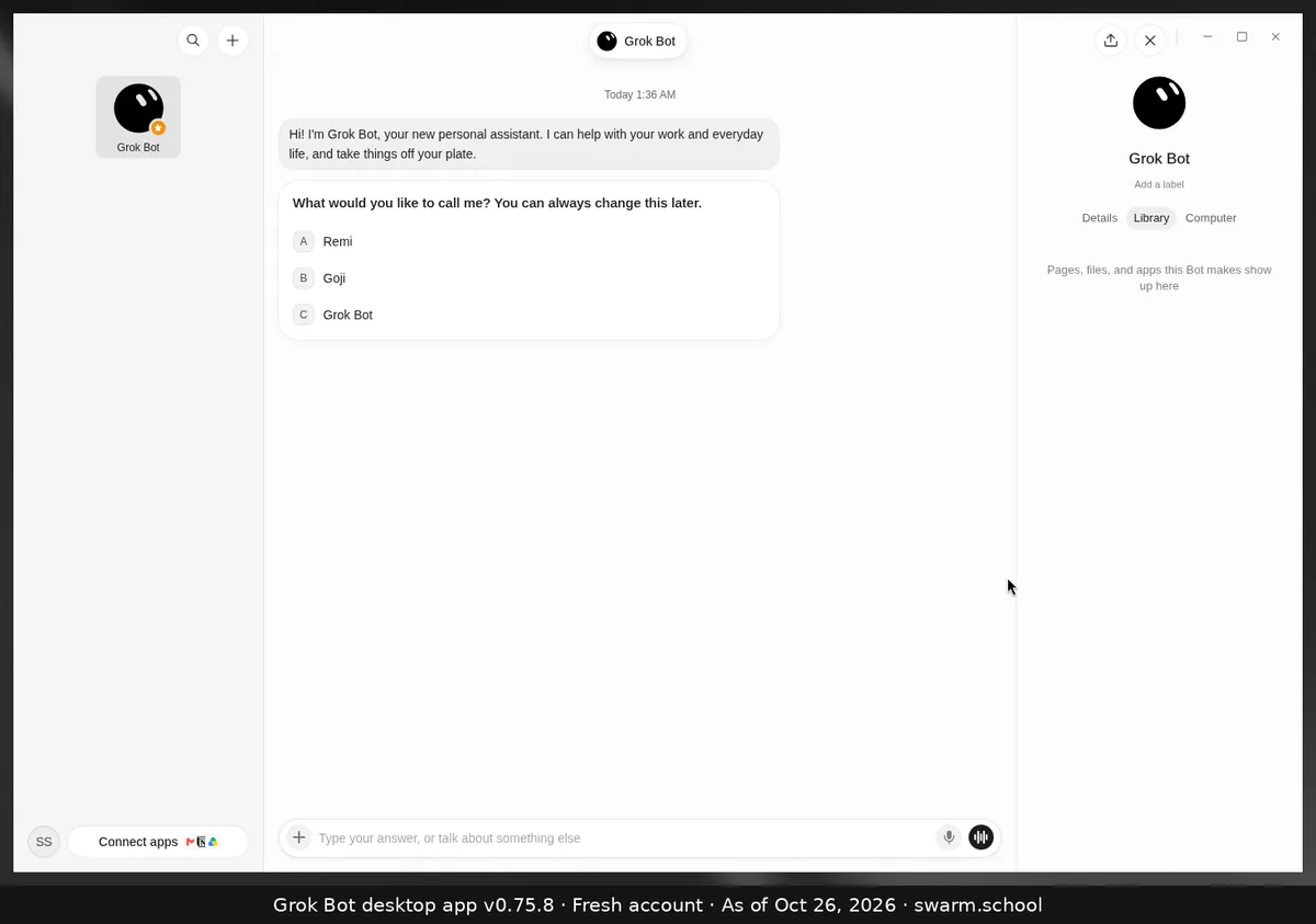 Info panel, Library tab: "Pages, files, and apps this Bot makes show up here"