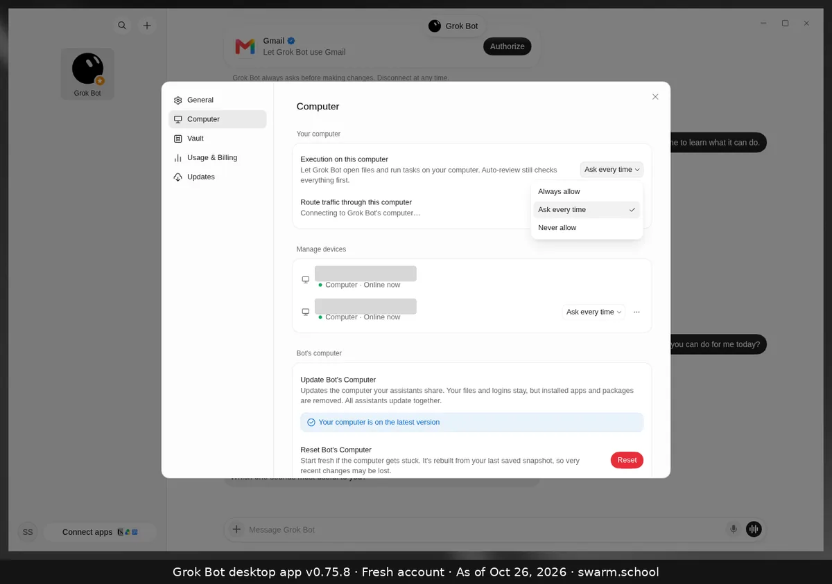 The Execution on this computer dropdown open, with Always allow, Ask every time (ticked) and Never allow