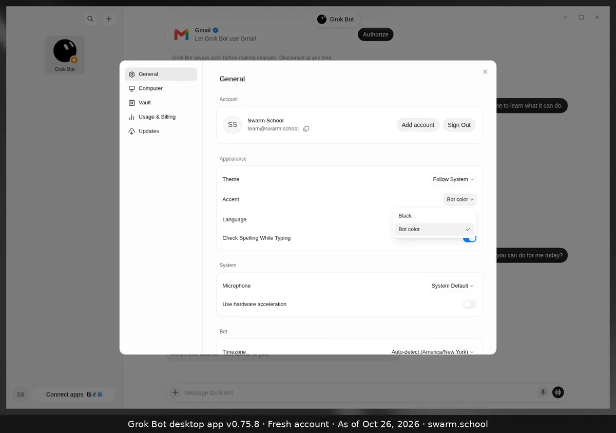 The Accent dropdown open with Black and Bot color (ticked)