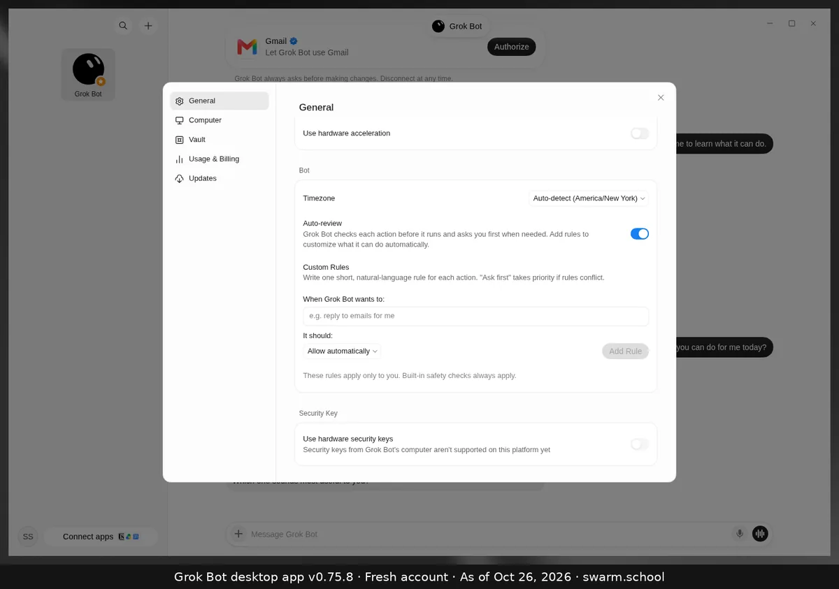 Bottom of Settings, General: Timezone set to Auto-detect (America/New_York), the Auto-review switch turned on, the Custom Rules form, and Security Key
