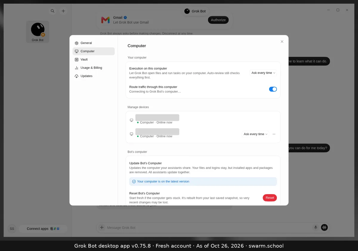 Settings, Computer: Execution on this computer, Manage devices (names blurred), and Bot's computer with Update and Reset
