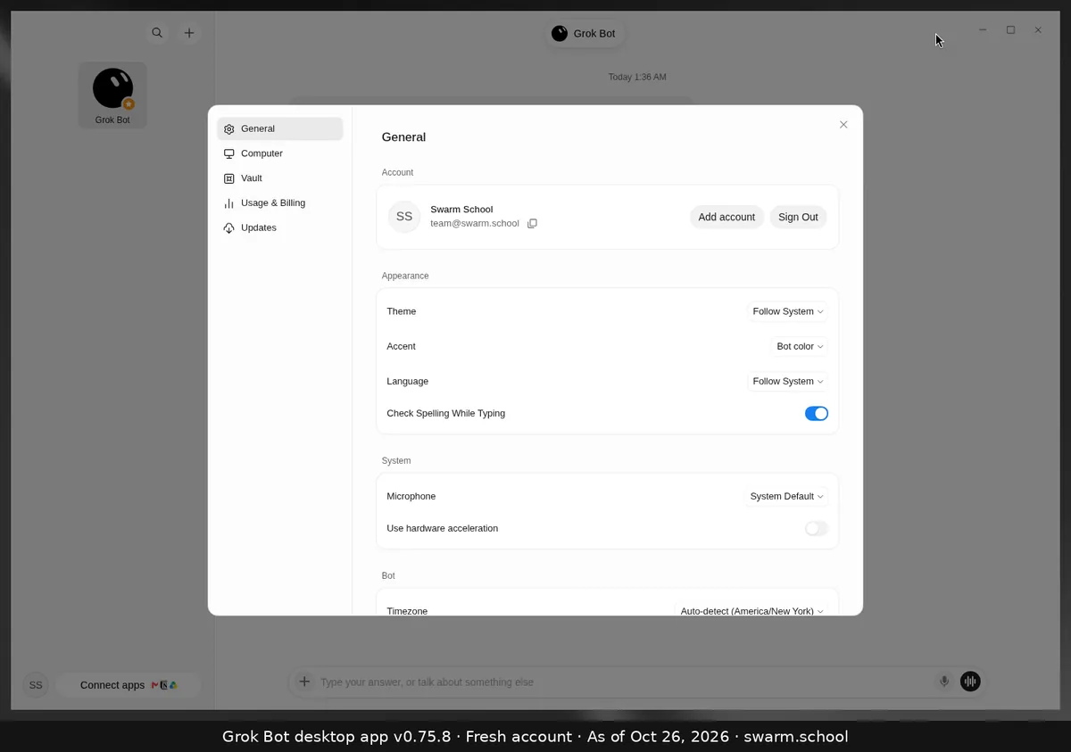 Grok Bot Settings, General section: Account card with Add account and Sign Out, Appearance (Theme, Accent, Language, Check Spelling While Typing), System (Microphone, hardware acceleration) and the start of the Bot section with Timezone