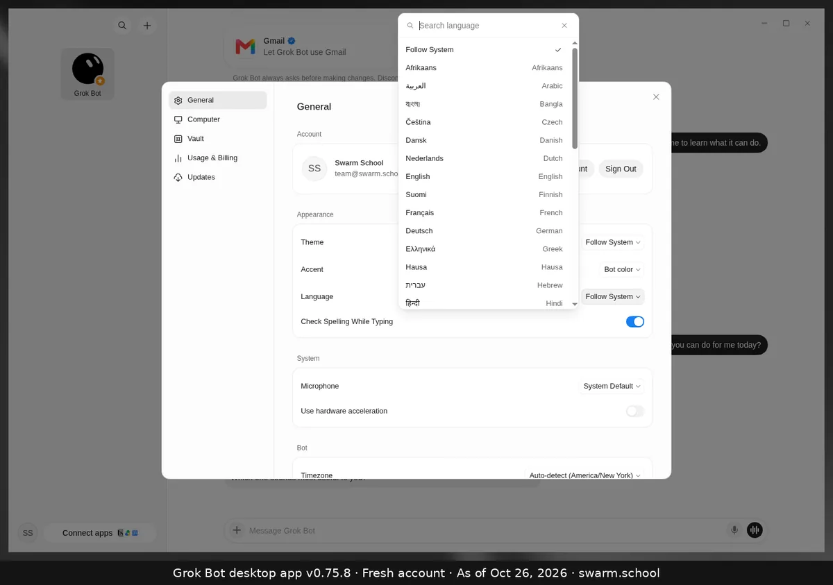 The Language dropdown open with a search box, Follow System ticked, then Afrikaans, Arabic, Bangla, Czech, Danish, Dutch, English, Finnish, French, German, Greek, Hausa, Hebrew, Hindi