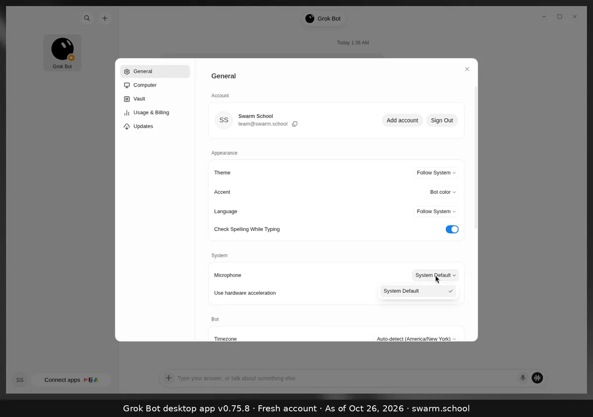 Grok Bot Settings, General: the Microphone dropdown open, showing System Default