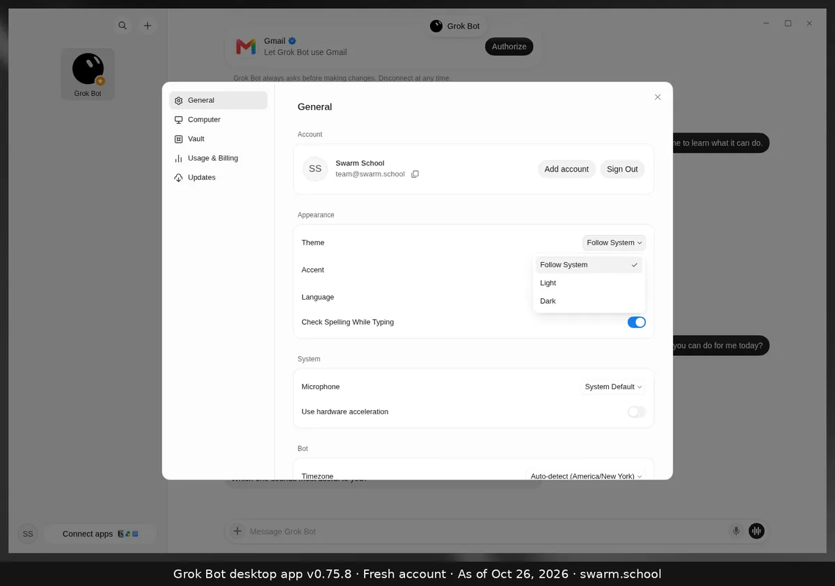 Grok Bot Settings, General, Appearance: the Theme dropdown open with Follow System, Light and Dark