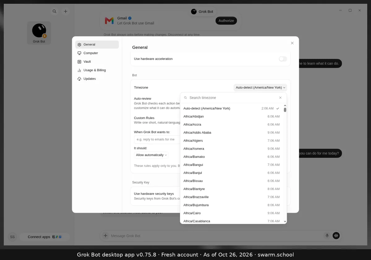 Grok Bot Timezone dropdown open with a search box and a list of time zones