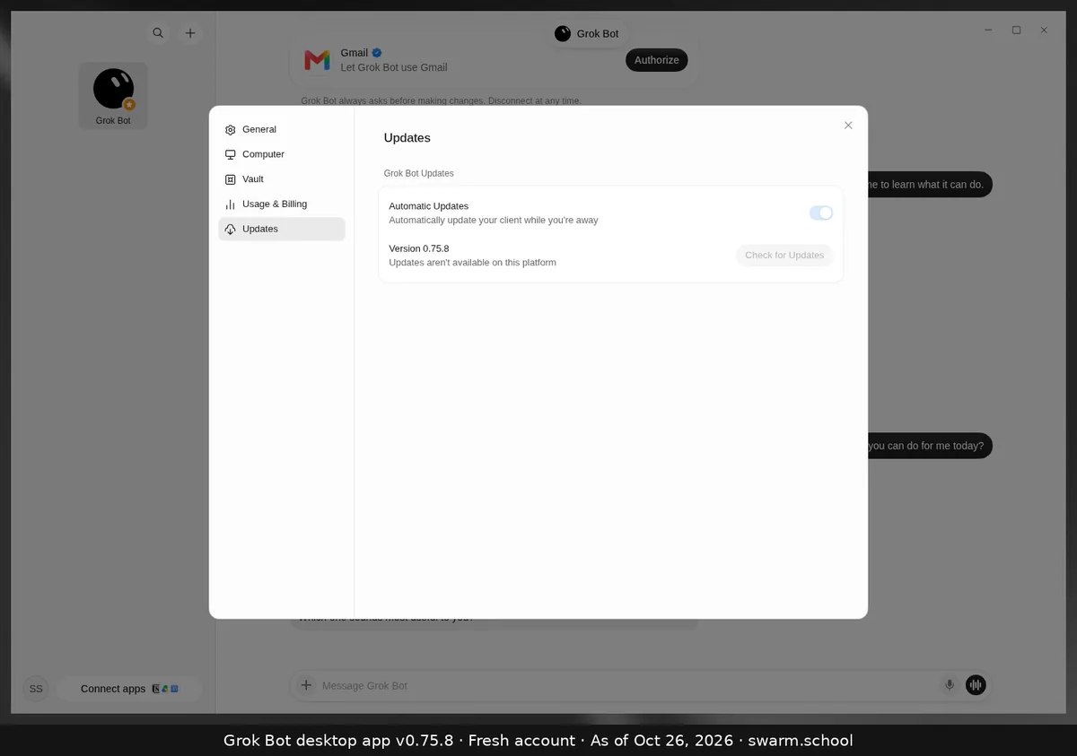 Grok Bot Settings, Updates: Automatic Updates switched on ("Automatically update your client while you're away"), Version 0.75.8, and a Check for Updates button