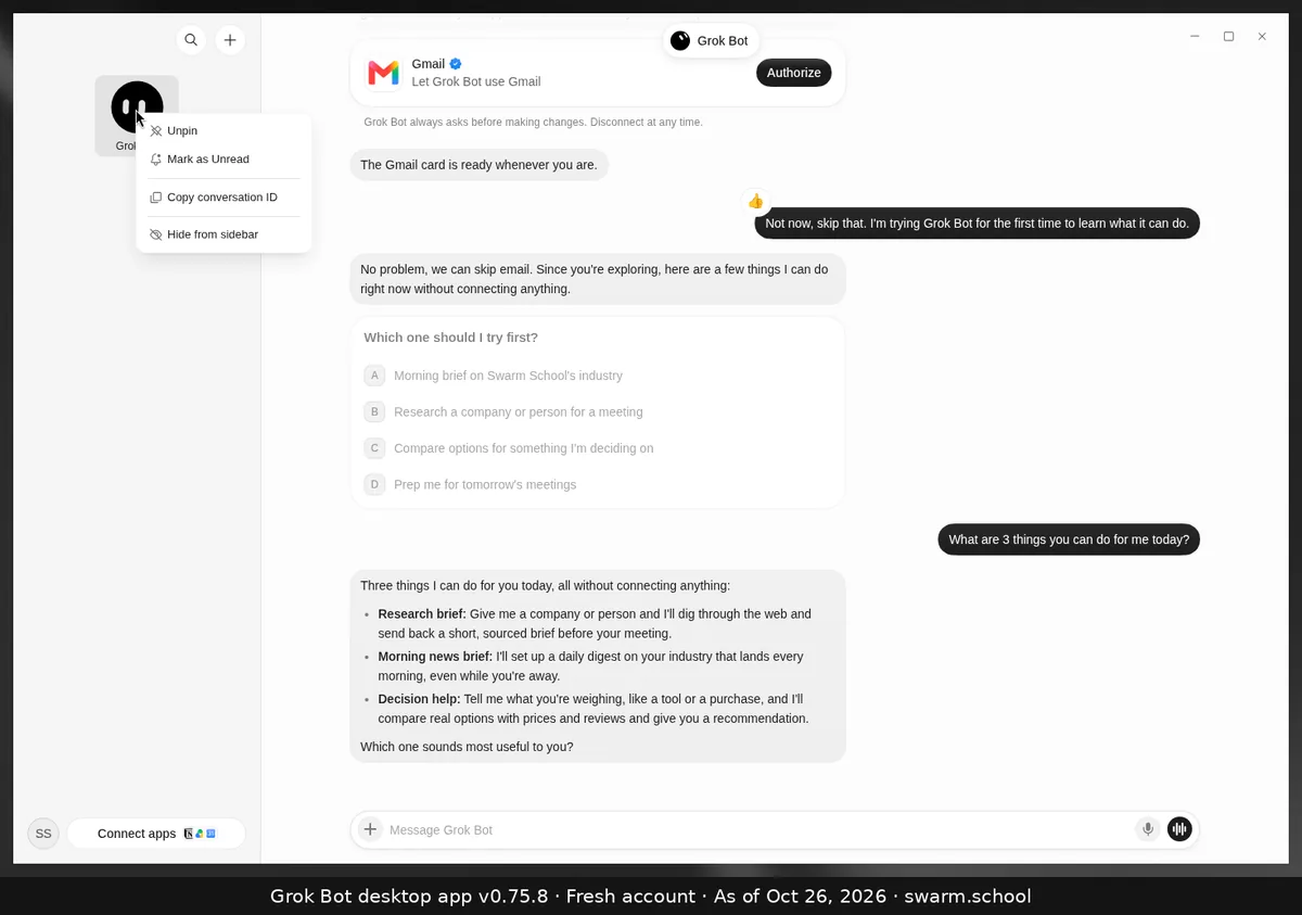 Right-click menu on a Bot's avatar in the sidebar: Unpin, Mark as Unread, Copy conversation ID, Hide from sidebar