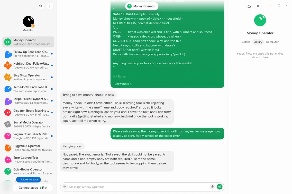 Grok Bot chat: "Not saved: the skill could not be saved. A name and a non-empty body are both required."