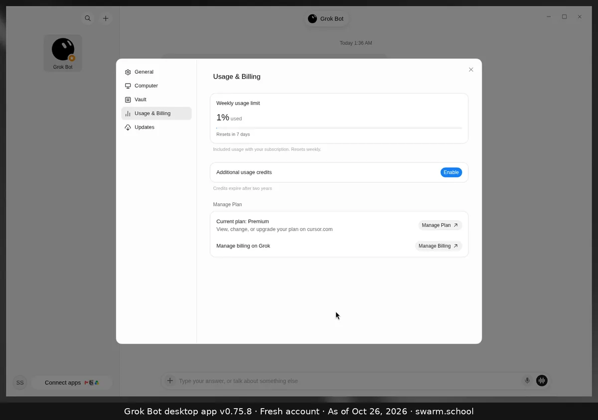 Grok Bot Usage & Billing page: the Additional usage credits row with a blue Enable button and an expiry note, below the Weekly usage limit card