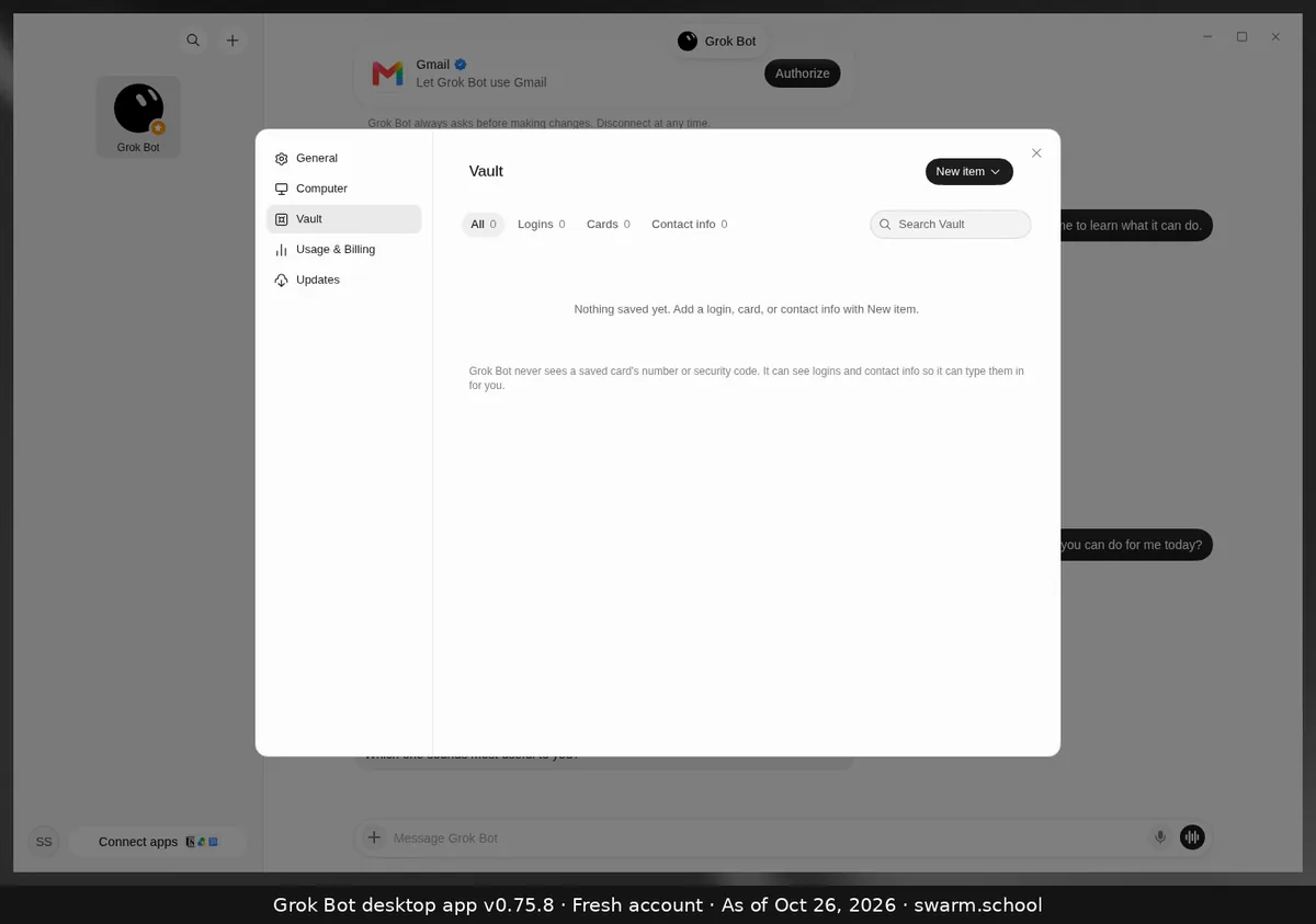 Grok Bot Settings, Vault: an empty list with tabs for All, Logins, Cards and Contact info (each 0), a Search Vault box, and the note "Grok Bot never sees a saved card's number or security code. It can see logins and contact info so it can type them in for you."