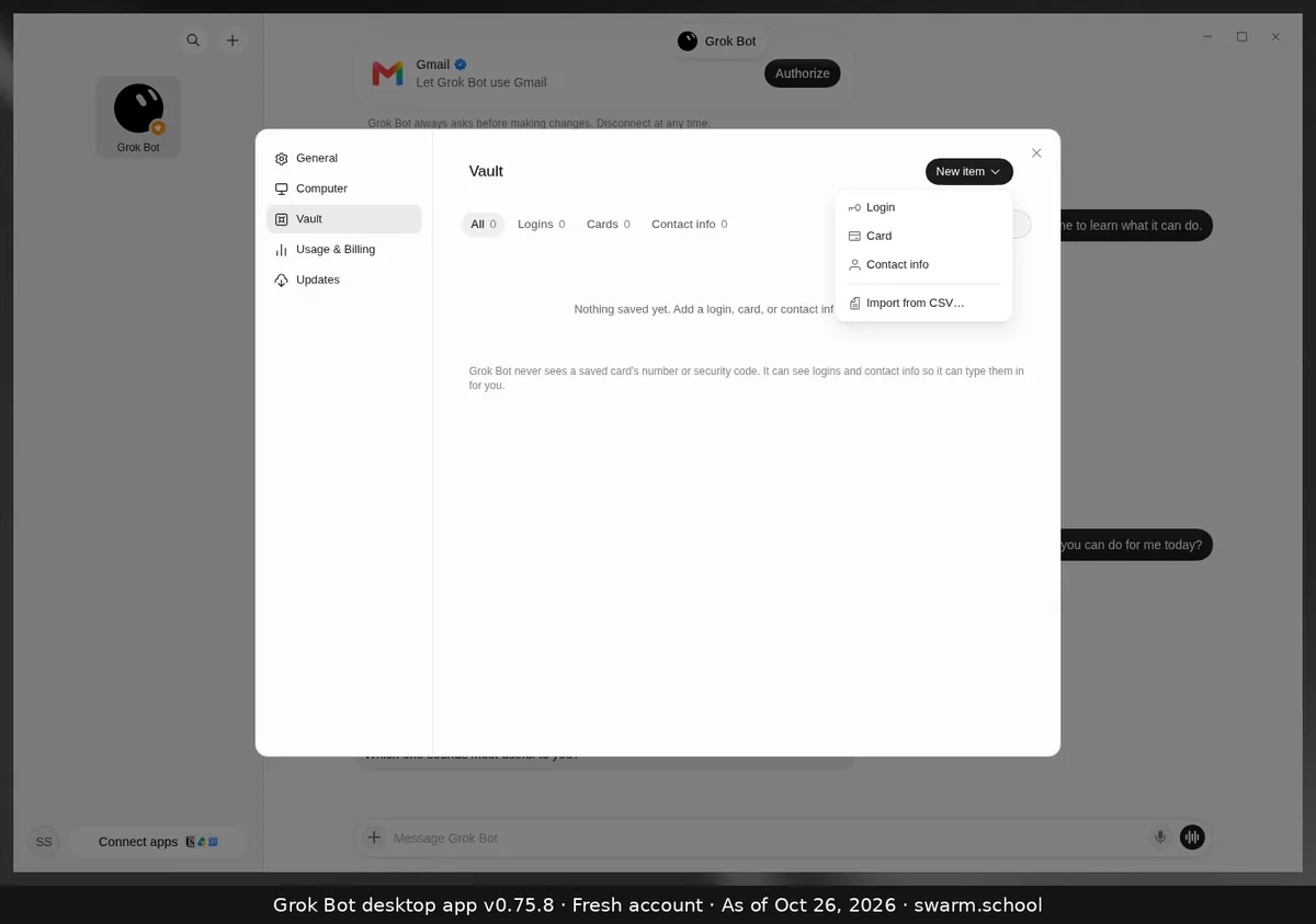 Vault with the New item menu open: Login, Card, Contact info, and Import from CSV