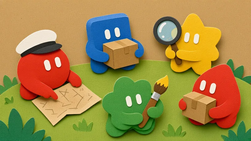 A team of colourful Grok Bot mascots working together on a hill, one in a captain hat reading a map