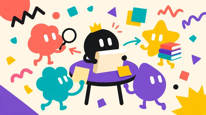 A crowned Grok Bot leader at a round table collecting ideas from four small helper bots