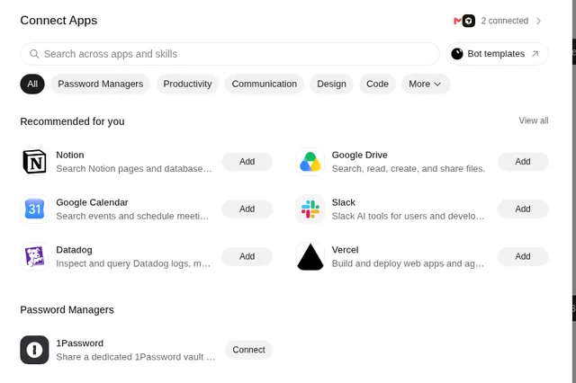Grok Bot Connect Apps window with recommended apps: Notion, Google Drive, Google Calendar, Slack, Datadog, Vercel