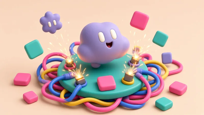 A purple cloud-shaped Grok Bot mascot plugging colourful cables into a plug board
