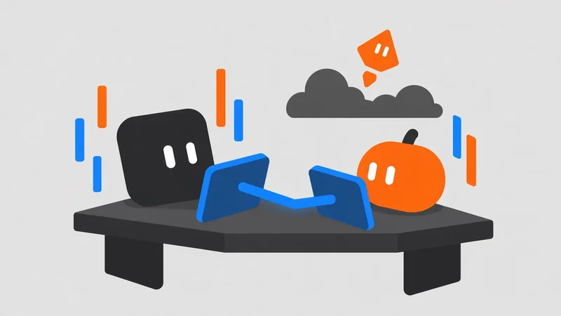 Two Grok Bot mascots at a workbench connecting two screens with a bridge of light