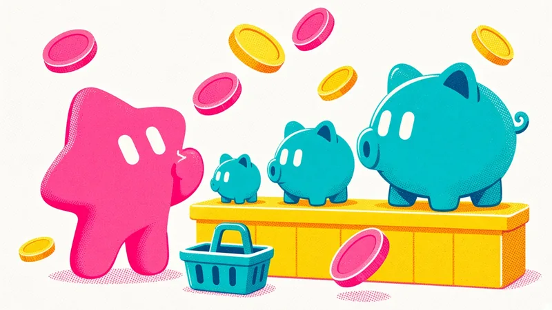 A pink star-shaped Grok Bot mascot comparing three piggy banks of different sizes
