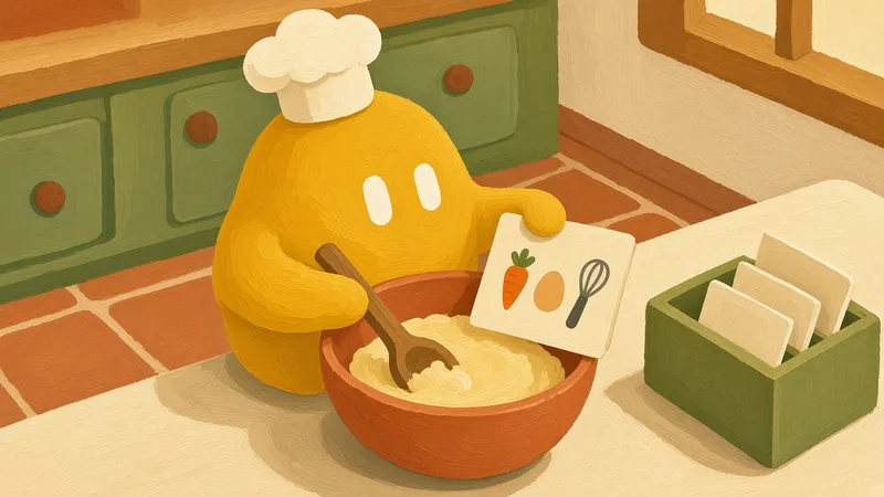 A yellow Grok Bot mascot in a chef hat following a picture recipe card