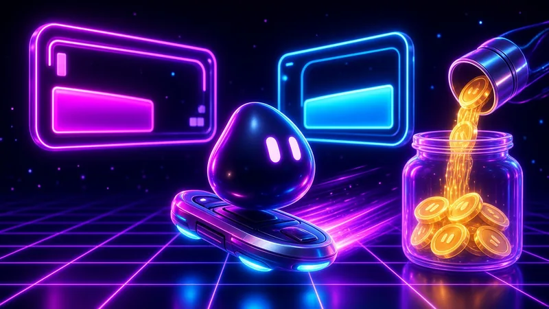A Grok Bot mascot on a hoverboard beside glowing gauges and a jar filling with coins