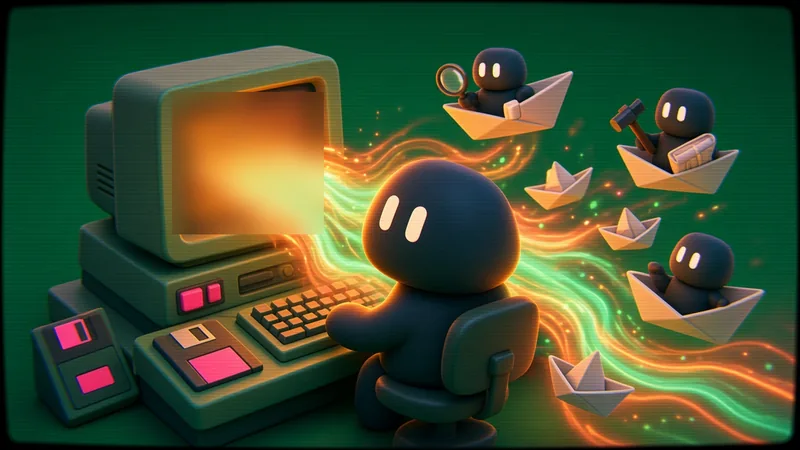 A Grok Bot mascot at a retro computer sending tiny helper bots out on paper boats