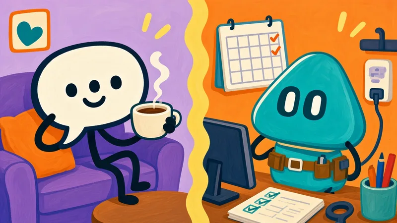 A chat-bubble character relaxing with tea next to a teal Grok Bot mascot in a tool belt working at its own computer