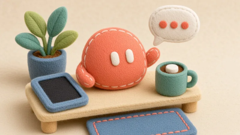 A felt coral Grok Bot mascot waving hello at a cosy desk with a chat bubble