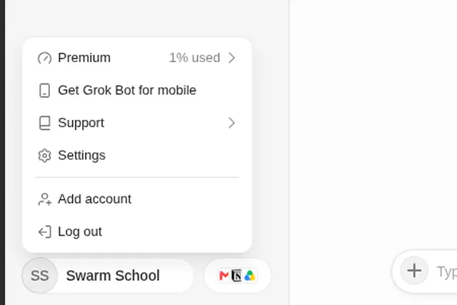 Grok Bot desktop account menu showing "Get Grok Bot for mobile" between Premium (1% used) and Support