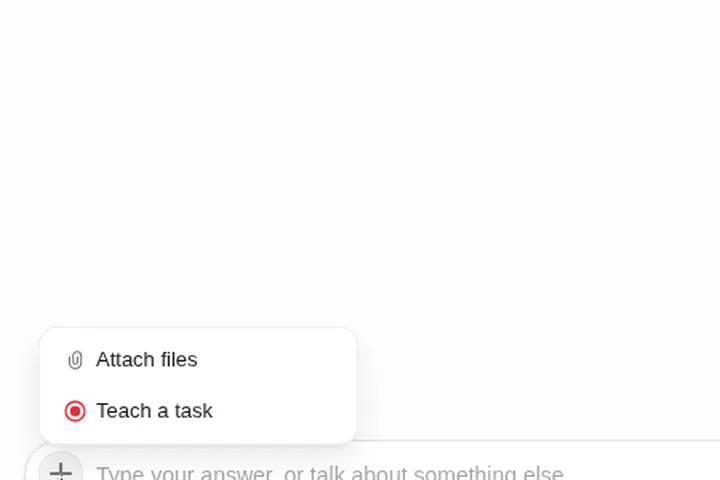 Grok Bot composer + menu with Attach files and Teach a task