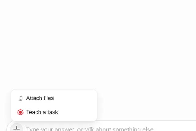Grok Bot composer + menu with Attach files and Teach a task
