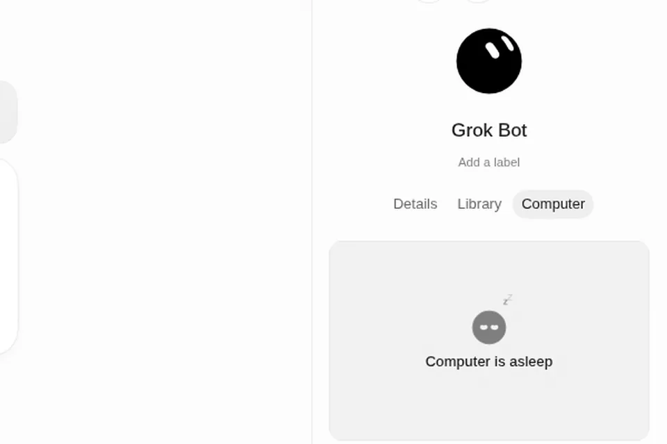 Grok Bot info panel, Computer tab: "Computer is asleep" above "Grok Bot's screen"