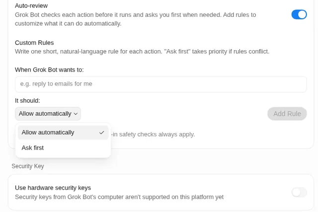 Grok Bot Custom Rules form: a "When Grok Bot wants to:" text box with the example "e.g. reply to emails for me", and the "It should:" dropdown open with Allow automatically and Ask first, next to an Add Rule button