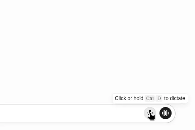 Grok Bot message box with the tooltip "Click or hold Ctrl D to dictate" over the microphone button, next to the voice chat waveform button