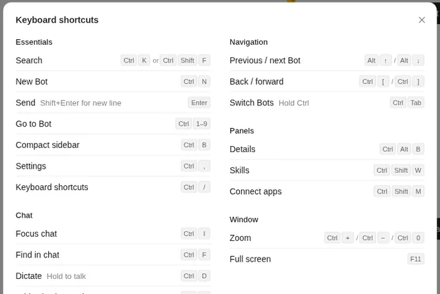 Grok Bot Keyboard shortcuts dialog with four groups: Essentials (Search, New Bot, Send, Go to Bot, Compact sidebar, Settings, Keyboard shortcuts), Chat (Focus chat, Find in chat, Dictate, Add selection to chat), Navigation, Panels and Window