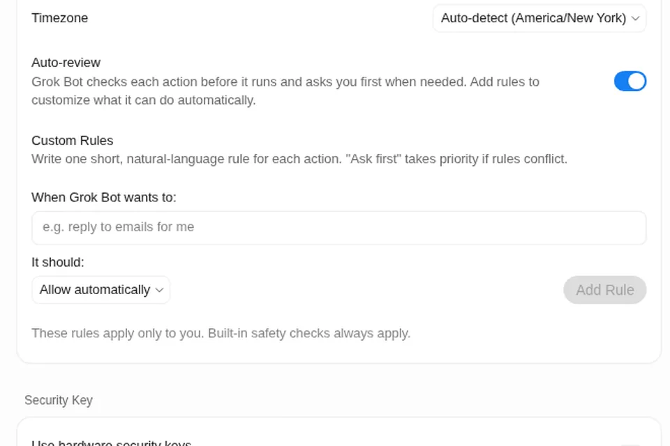 Grok Bot Settings: Auto-review switched on, with Custom Rules below