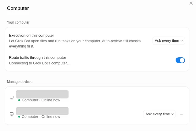 Grok Bot Settings, Computer: Execution on this computer set to "Ask every time", Route traffic through this computer switched on, a Manage devices list with two computers online, and the Bot's computer section with Update and Reset