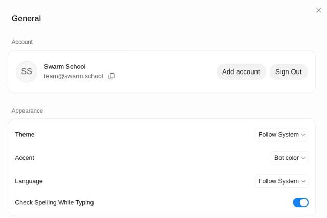 Grok Bot Settings, General section: Account card with Add account and Sign Out, Appearance (Theme, Accent, Language, Check Spelling While Typing), System (Microphone, hardware acceleration) and the start of the Bot section with Timezone
