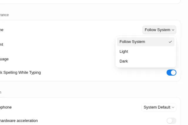 Grok Bot Settings, General, Appearance: the Theme dropdown open with Follow System, Light and Dark