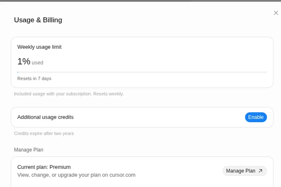 Grok Bot Settings, Usage & Billing: Weekly usage limit "1% used", "Resets in 7 days", Additional usage credits with an Enable button, and Current plan: Premium