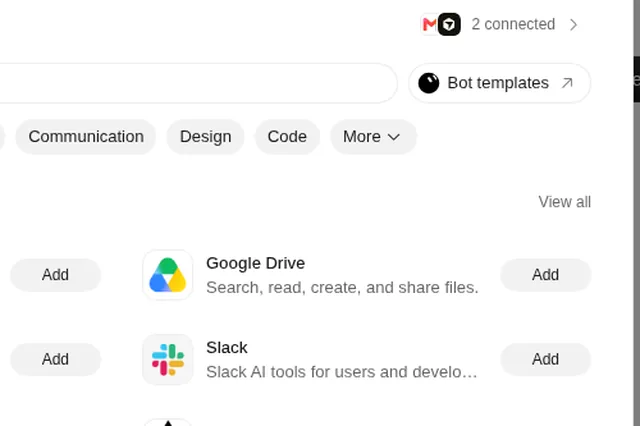 Grok Bot Connect Apps window with the Bot templates link and app Add buttons